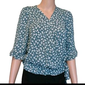 Sienna Sky Floral V-Neck Blouse - Teal Sz XS White Green Ruffle Sleves